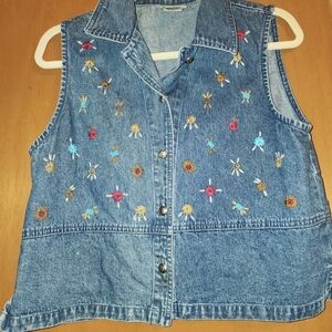 Embroidered Denim Vest with Floral Accents